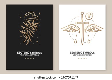Símbolos sotéricos, afiche, volante. Vector. Señales geométricas de línea delgada. Iconos de contorno con diseño de alquimia o geometría sagrada. Diseño místico y mágico con serpiente y flor silvestre, daga y alas