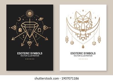Esoteric symbols, poster, flyer. Vector. Thin line geometric badges. Outline icon for alchemy or sacred geometry. Mystic and magic design with crystal with stars and planets, wolf and moon. 