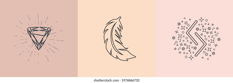 Esoteric symbols. Scheme icon for alchemy or sacred geometry. Mystical and magical design with crystals, sun, stars, skull and moon. Feather, runes, potion, goblet, pentagram, spider web, dreamcatcher