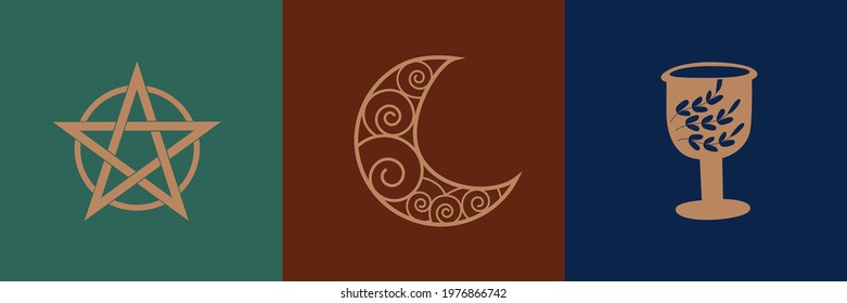 Esoteric symbols. Scheme icon for alchemy or sacred geometry. Mystical and magical design with crystals, sun, stars, skull and moon. Feather, runes, potion, goblet, pentagram, spider web, dreamcatcher