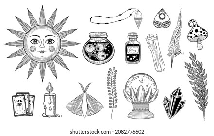 Esoterische Symbole gesetzt. Alchemy Symbol. Böhmisches Astrologie-Symbol. Potinflaschen, Sonnencreme, Pilze, Kerze, Tarotkarten, Kristalle. Alchimie-Hexerei. Magische monochrome Esoterie-Silhouette
