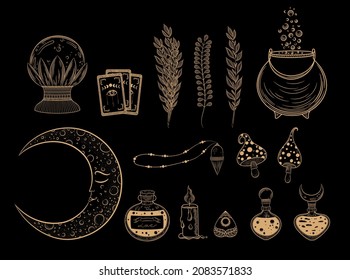 Esoteric symbols set. Alchemy icon. Bohemian style astrology symbol. Potion bottles, moon face, mushrooms, candle, tarot cards. Alchemy and witchcraft. Magic monochrome antique esoteric silhouette.