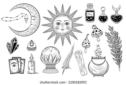 
Esoteric symbols set. Alchemy icon. Bohemian style astrology symbol. Potion bottles, sun face, mushrooms, candle, tarot cards, crystals. Alchemy and witchcraft. Magic monochrome esoteric silhouette.
