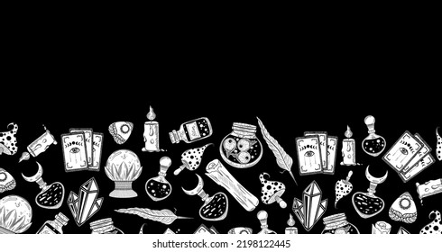 Esoteric Symbols Set Banner. Alchemy Icoons. Bohemian Style Astrology Background. Potion Bottles, Mushrooms, Candle, Tarot Cards, Crystals. Alchemy Witchcraft Magic Monochrome Antique Esoteric Border.