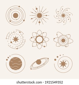 Esoteric symbols with solar system and planet. Celestial sings. Vector illustration in boho style