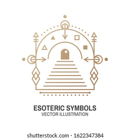 Esoteric symbols. Vector illustration. Thin line geometric badge. Outline icon for alchemy or sacred geometry. Mystic and magic design with Gate to another world.