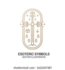 Esoteric symbols. Vector illustration. Thin line geometric badge. Outline icon for alchemy or sacred geometry. Mystic and magic design with Old sword.