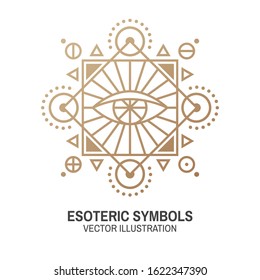 Esoteric symbols. Vector illustration. Thin line geometric badge. Outline icon for alchemy or sacred geometry. Mystic and magic design with all-seeing eye.