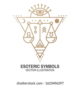 Esoteric symbols. Vector illustration. Thin line geometric badge. Outline icon for alchemy or sacred geometry. Mystic and magic design with all-seeing eye and law scale.