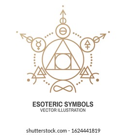 Esoteric symbols. Vector illustration. Thin line geometric badge. Outline icon for alchemy or sacred geometry. Mystic and magic design with philosopher stone.