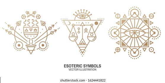 Esoteric symbols. Vector illustration. Thin line geometric badge. Outline icon for alchemy or sacred geometry. Mystic and magic design with all-seeing eye, cup and snakes, law scale.