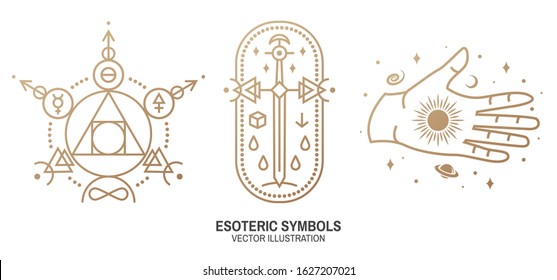 Esoteric symbols. Vector illustration. Thin line geometric badge. Outline icon for alchemy or sacred geometry. Mystic and magic design with philosopher stone, old sword, hand, stars, planets and moon.