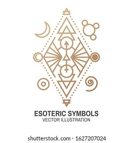 Esoteric symbols. Vector illustration. Thin line geometric badge. Outline icon for alchemy or sacred geometry. Mystic and magic design with alchemy symbols.