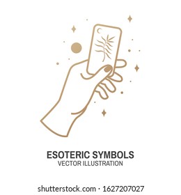 Esoteric symbols. Vector illustration. Thin line geometric badge. Outline icon for alchemy or sacred geometry. Mystic and magic design with hand, stars, planets and magic card.
