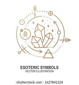 Esoteric symbols. Vector illustration. Thin line geometric badge. Outline icon for alchemy or sacred geometry. Mystic and magic design with alchemy symbols and crystals.