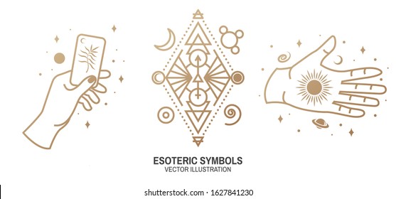 Esoteric symbols. Vector illustration. Thin line geometric badge. Outline icon for alchemy or sacred geometry. Mystic and magic design with magic card, sun, hand, stars, planets and moon.