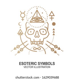 Esoteric symbols. Vector illustration. Thin line geometric badge. Outline icon for alchemy or sacred geometry. Mystic and magic design with skull and alchemy symbols.