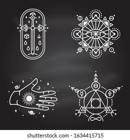 Esoteric symbols. Vector illustration. Thin line geometric badge. Outline icon for alchemy or sacred geometry. Mystic and magic design with philosopher stone, old sword, hand, stars, planets and moon.