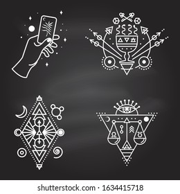Esoteric symbols. Vector illustration. Thin line geometric badge. Outline icon for alchemy or sacred geometry. Mystic and magic design with all-seeing eye, hand, cup and snakes, law scale.