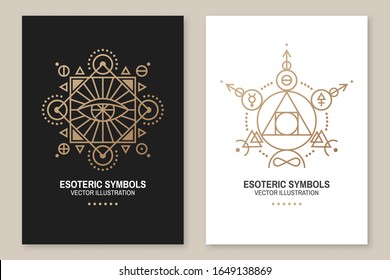 Esoteric symbols. Vector illustration. Thin line geometric badge. Outline icon for alchemy or sacred geometry. Mystic and magic design with philosopher stone, all-seeing eye, stars, planets and moon.