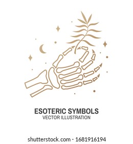Esoteric symbols. Vector illustration. Thin line geometric badge. Outline icon for alchemy or sacred geometry. Mystic and magic design with human skeleton bone hand, stars, planets and magic card.