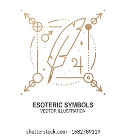 Esoteric Symbols. Vector Illustration. Thin Line Geometric Badge. Outline Icon For Alchemy Or Sacred Geometry. Mystic And Magic Design With Feather, Stars, Planets And Moon.