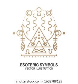 Esoteric symbols. Vector illustration. Thin line geometric badge. Outline icon for alchemy or sacred geometry. Mystic and magic design with open portal to another world.