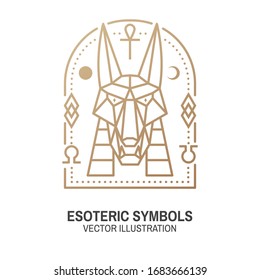 Esoteric symbols. Vector illustration. Thin line geometric badge. Outline icon for alchemy or sacred geometry. Mystic and magic design with egyptian god Anubis, stars,moon, sun, planets and magic sign