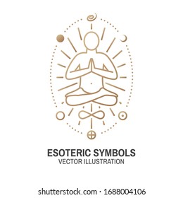 Esoteric symbols. Vector illustration. Thin line geometric badge. Outline icon for alchemy or sacred geometry. Mystic and magic design with man silhouette sitting in yoga lotus pose, planets and moon