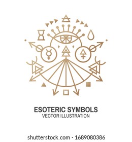 Esoteric symbols. Vector illustration. Thin line geometric badge. Outline icon for alchemy or sacred geometry. Mystic and magic design with all-seeing eye.