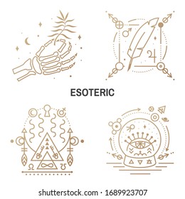 Esoteric symbols. Vector illustration. Thin line geometric badge. Outline icon for alchemy or sacred geometry. Mystic and magic design with feather, stars, planets, moon, glass ball and all-seeing eye