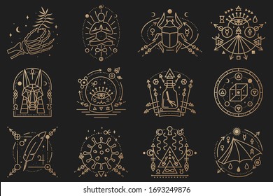 Esoterische Symbole. Vektorillustration. Rahmensymbol für Alchemie, heilige Geometrie. Mystisches, magisches Design mit Menschen in Yoga-Lotus-Pose, Fledermaus, Chemiefaser, Schädel, Gate, Scharfkäfer, egyptischer Gott Anubis