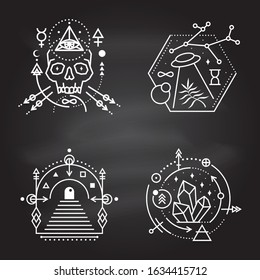 Esoteric symbols. Vector. Thin line geometric badge. Outline icon for alchemy or sacred geometry. Mystic and magic design with skull, crystals, sun, ufo flying, stars, gate to another world and moon.