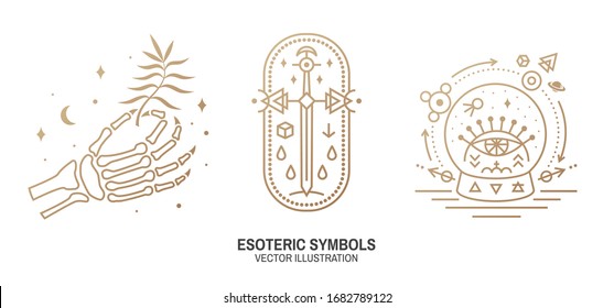 Esoteric symbols. Vector. Thin line geometric badge. Outline icon for alchemy or sacred geometry. Mystic and magic design with human skeleton bone hand, old sword and glass ball and all-seeing eye