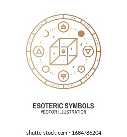 Esoteric symbols. Vector. Thin line geometric badge. Outline icon for alchemy or sacred geometry. Mystic and magic sacred geometry tattoo design with unreal geometrical cube, moon, sun, planets