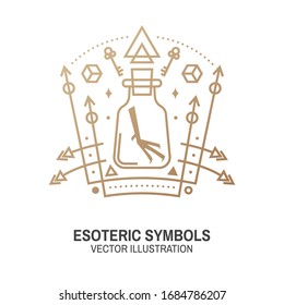 Esoteric symbols. Vector. Thin line geometric badge. Outline icon for alchemy or sacred geometry. Mystic and magic sacred geometry tattoo design chemistry flask with crow foot, moon, sun, planets