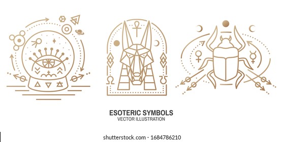 Esoteric symbols. Vector. Thin line geometric badge. Outline icon for alchemy or sacred geometry. Mystic, magic design with scarab beetle, egyptian god Anubis, moon, sun, glass ball, all-seeing eye