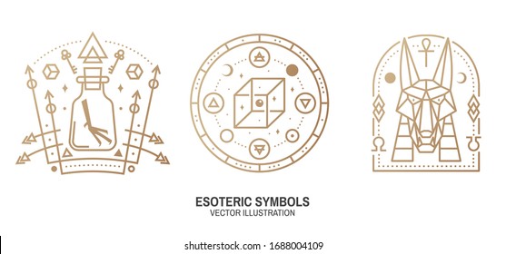 Esoteric symbols. Vector. Thin line geometric badge. Outline icon for alchemy, sacred geometry. Mystic, magic design with chemistry flask with crow foot, egyptian god Anubis, unreal geometrical cube