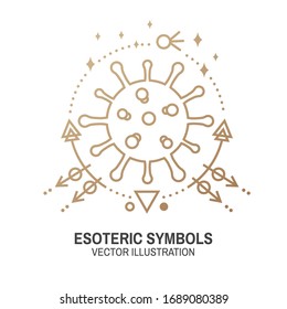 Esoteric symbols. Vector. Thin line geometric badge. Outline icon for alchemy or sacred geometry. Mystic and magic sacred geometry tattoo design with bacteria, coronavirus, moon, sun, planets