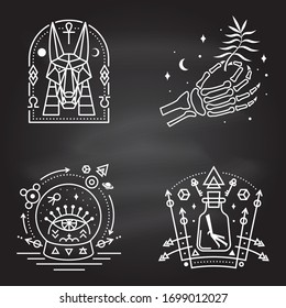 Esoteric symbols. Vector. Thin line geometric badge on chalkboard. Outline icon for alchemy, sacred geometry. Mystic, magic design with human skeleton bone hand, chemistry flask with crow foot, Anubis