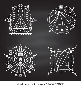 Esoteric symbols. Vector. Thin line geometric badge on chalkboard. Outline icon for alchemy, sacred geometry. Mystic, magic design with bat wing, feather, stars, planets, portal to another world