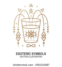 Esoteric symbols. Vector. Thin line geometric badge. Outline icon for alchemy or sacred geometry. Mystic and magic design with all-seeing eye and glass.