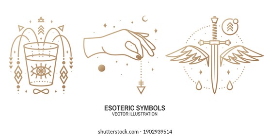 Esoteric symbols. Vector Thin line geometric badge. Outline icon for alchemy or sacred geometry. Mystic and magic design with dagger, wings,all-seeing eye, glass, hand, stars, planets and moon