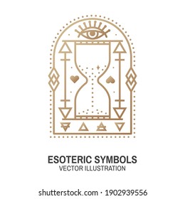 Esoteric symbols. Vector. Thin line geometric badge. Outline icon for alchemy or sacred geometry. Mystic and magic design with all-seeing eye and hourglass