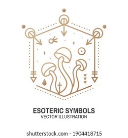 Esoteric symbols. Vector. Thin line geometric badge. Outline icon for alchemy or sacred geometry. Mystic and magic design with alchemy symbols and mushrooms.