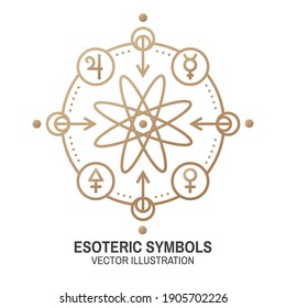 Símbolos estotéricos. Vector. Señal geométrica de línea delgada. Icono de contorno para la alquimia o geometría sagrada. Diseño místico y mágico con cuerdas y galaxia