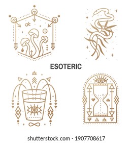 Esoteric symbols. Vector Thin line geometric badge. Outline icon for alchemy or sacred geometry. Mystic and magic design with alchemy symbols, mushrooms, snake, wildflower, hourglass, glass