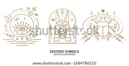 Esoteric symbols. Vector. Thin line geometric badge. Outline icon for alchemy or sacred geometry. Mystic, magic design with scarab beetle, egyptian god Anubis, moon, sun, glass ball, all-seeing eye