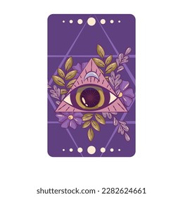 Esoteric tarot card magic celestial design. Mystic moon, eye , crystal cartoon vector illustration. Hand drawn vector illustration. Esoteric boho tarot card.