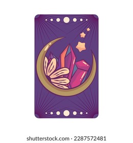 Tarjeta tarot esotérica de diseño celestial mágico. Luna mística, ilustración vectorial de dibujos animados de cristal. Ilustración vectorial dibujada a mano. Tarjeta de tarot de boho sotérico.
